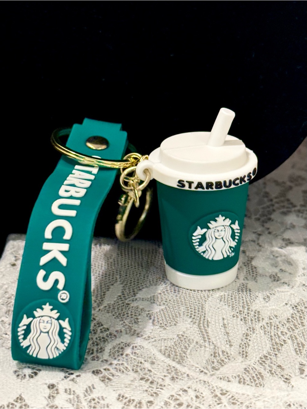 Starbucks Green and White Mini Cup Keychain with Strap